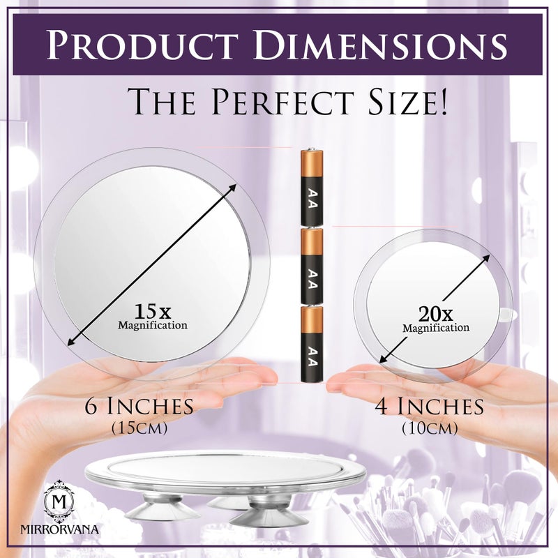 MIRRORVANA 20X & 15X Magnifying Mirror Set with 3 Suction Cups Each - Compact & Travel Ready Mirror for Makeup - Sizes: 6" and 4" Wide - Image 4